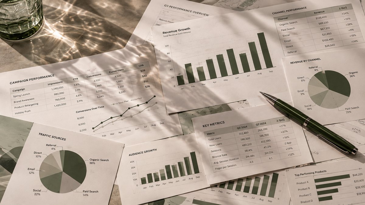 Scattered performance reports and charts across a desk