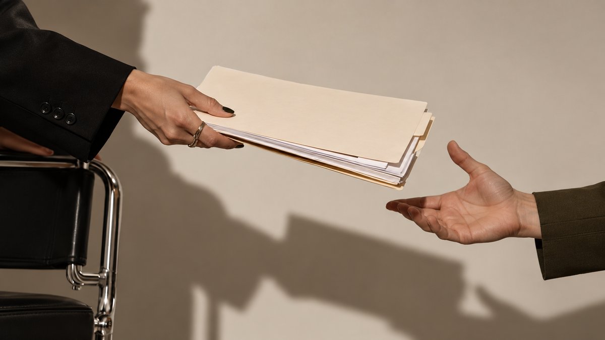 A folder of work being handed from one person to another